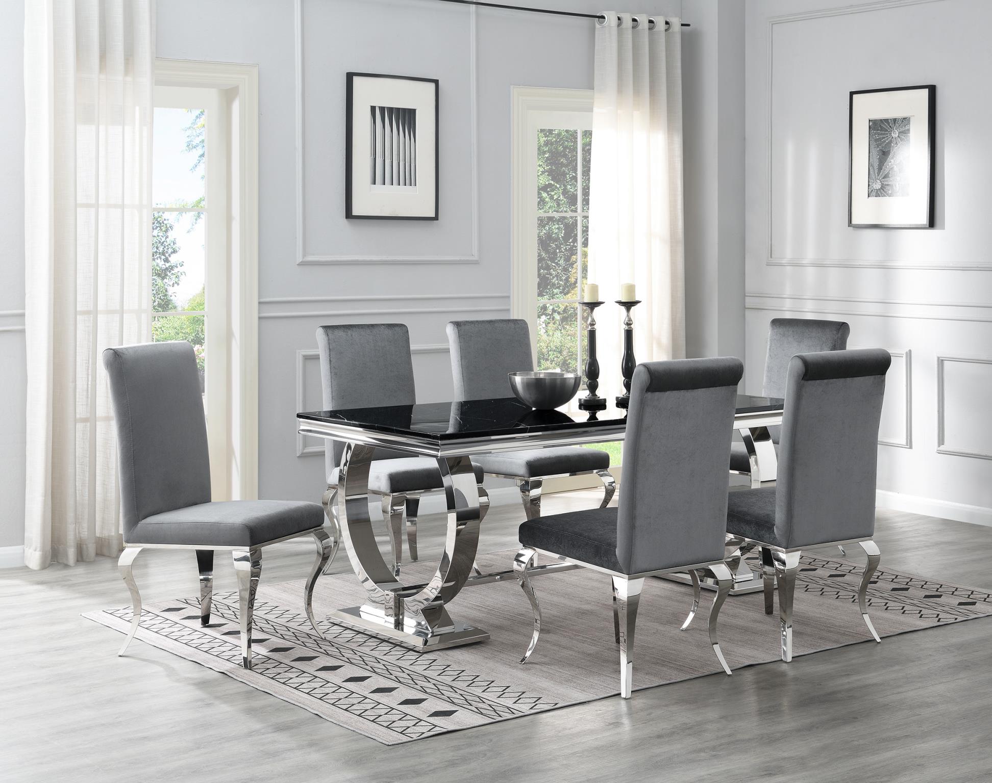 Black Marble Dining Set with 4 Gray Velvet Chairs – G-082-BLACK-5PC-VELGRY