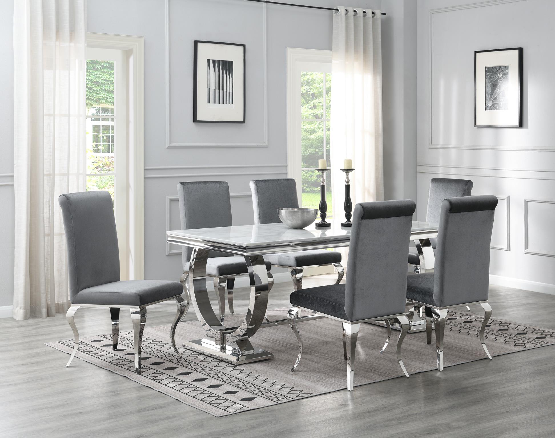 White Marble Dining Set with 4 Gray Velvet Chairs – G-082-WHITE-5PC-VELGRY