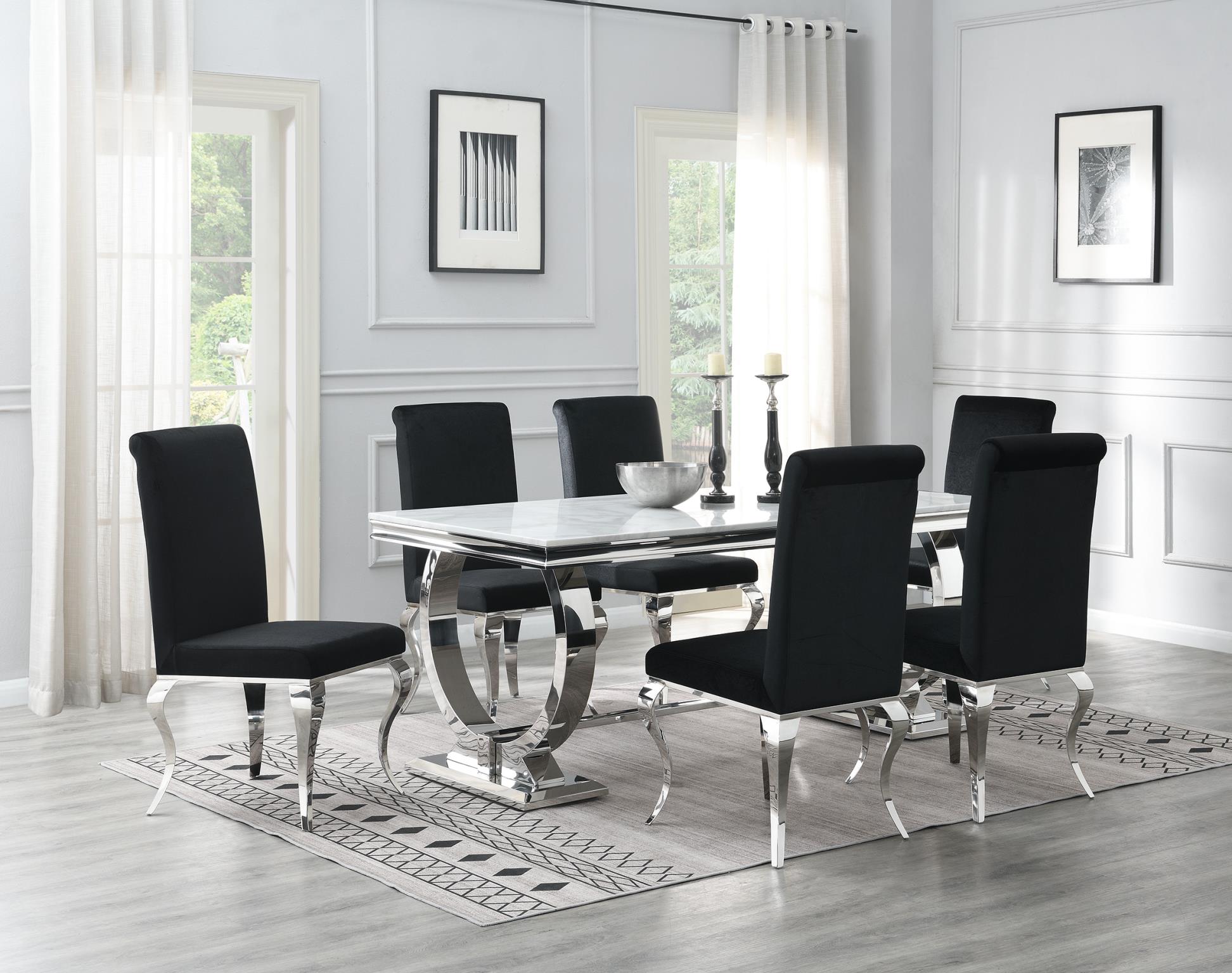 White Marble Dining Set with 4 Black Velvet Chairs – G-082-WHITE-5PC-VELBLK