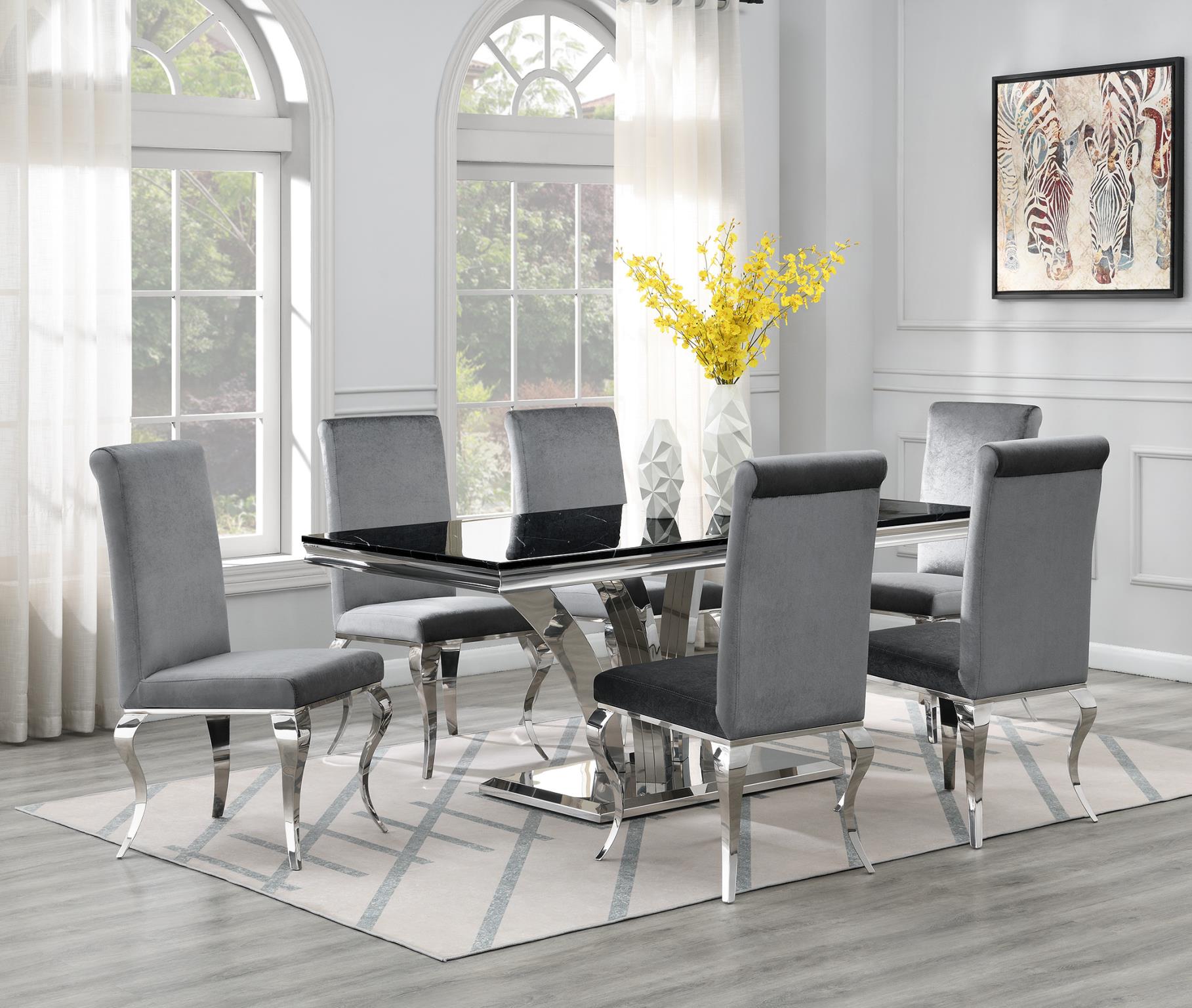 Black Marble Dining Set with 4 Gray Velvet Chairs – G-083-BLACK-5PC-VELGRY