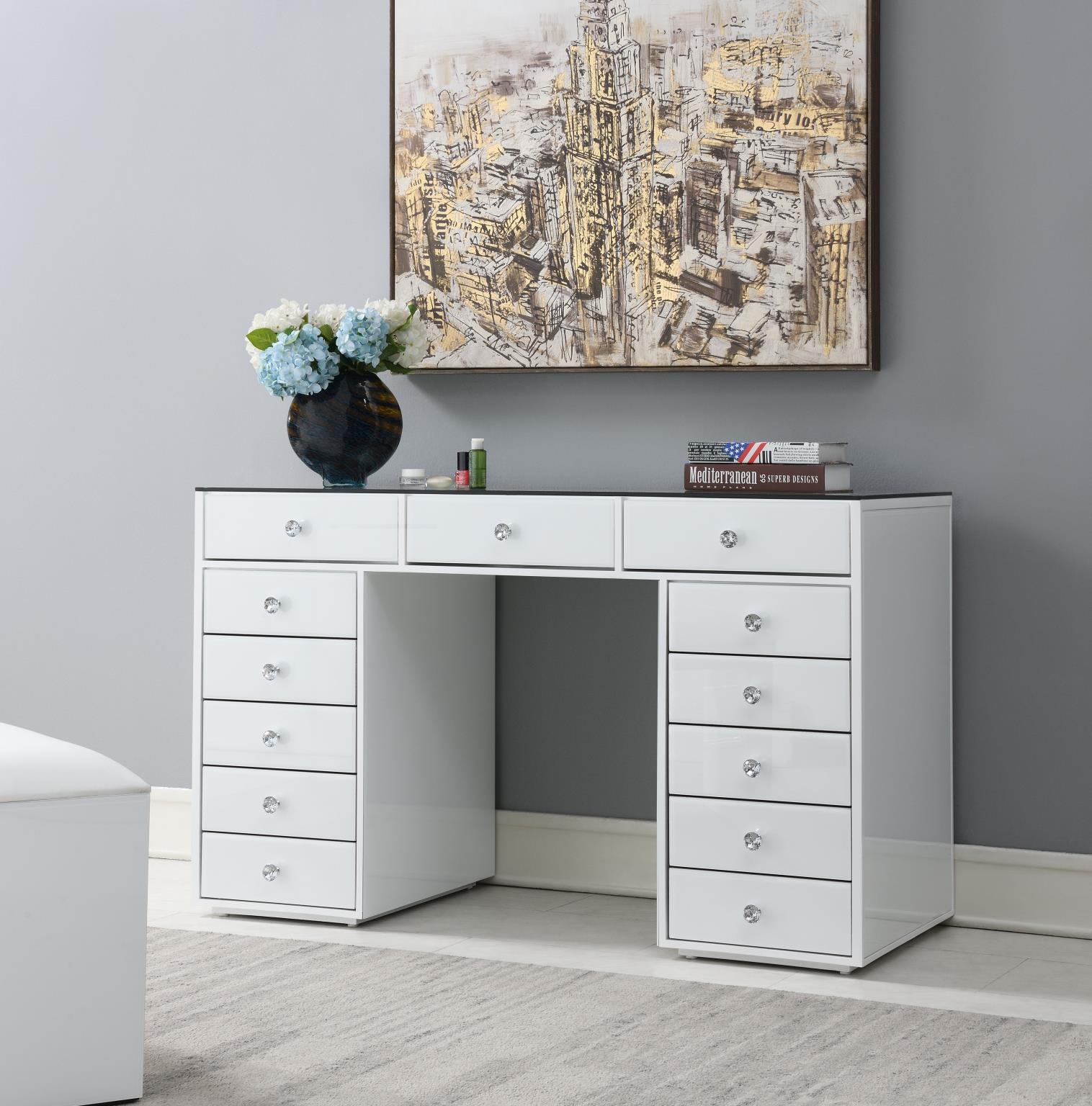 White Gloss Glamour Vanity with Crystal Drawer Knobs – G-315-V