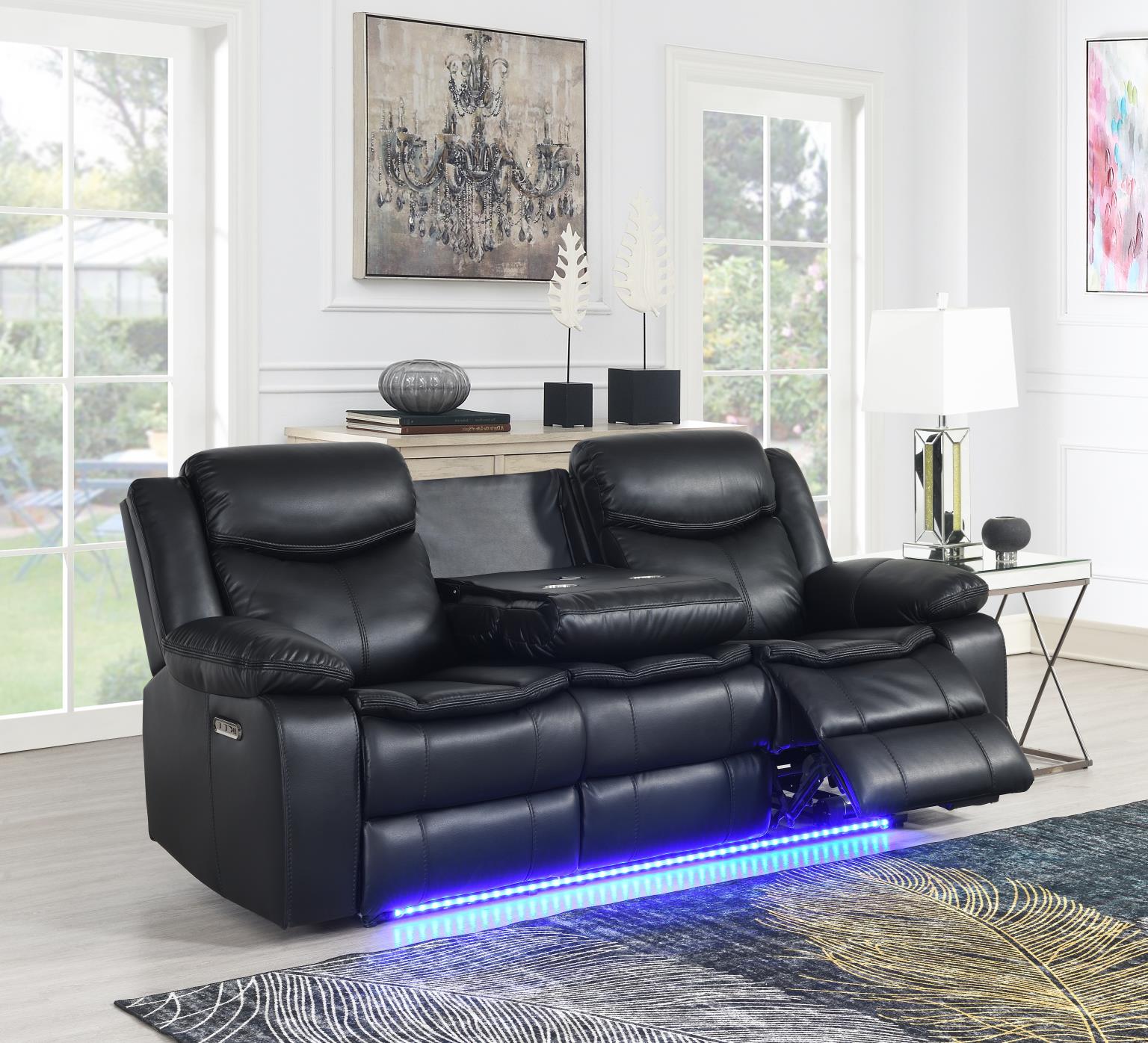 Black Power Reclining Sofa w/LED – U100-S