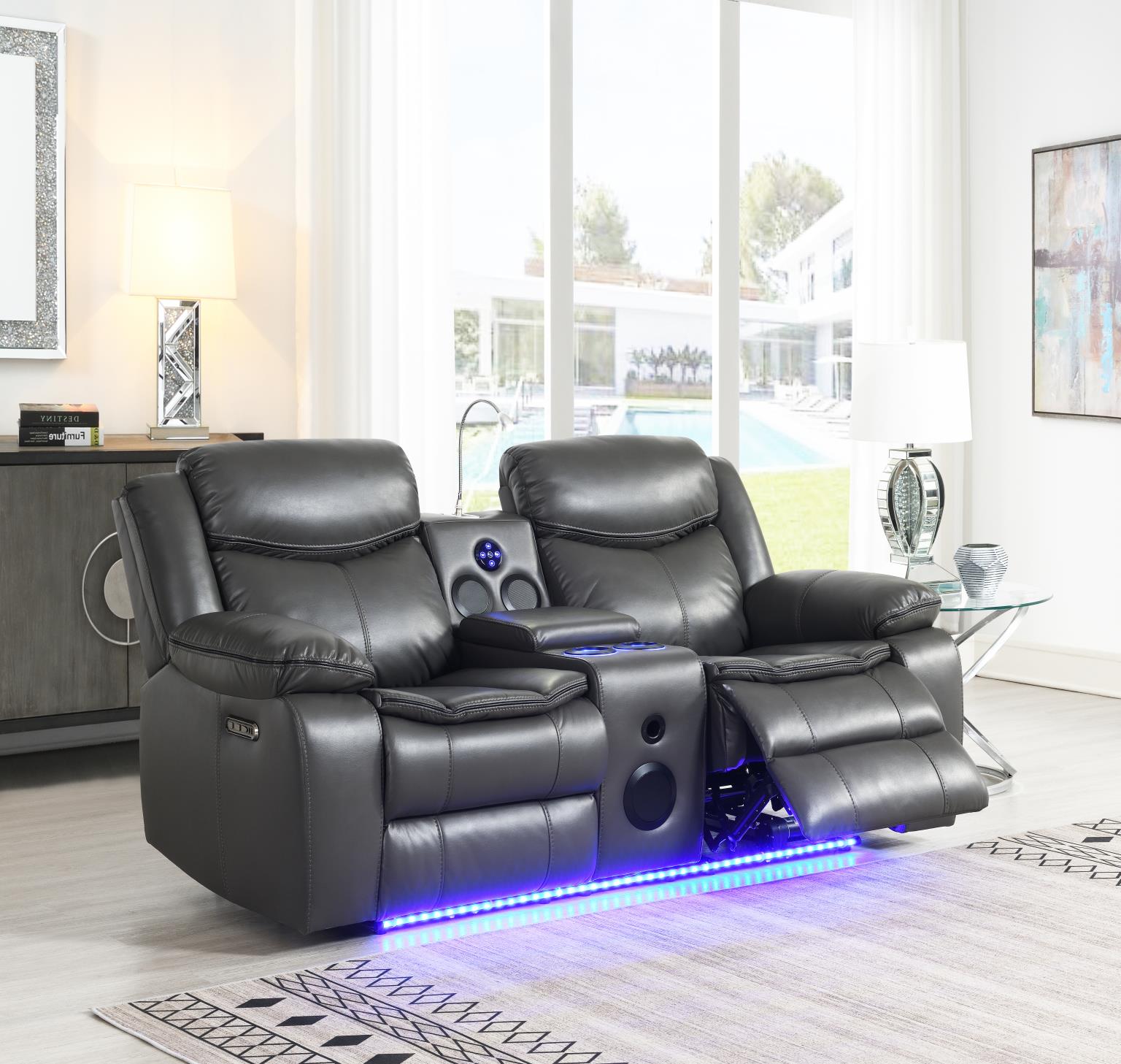 Gray Power Reclining Loveseat w/LED & Speaker – U101-L