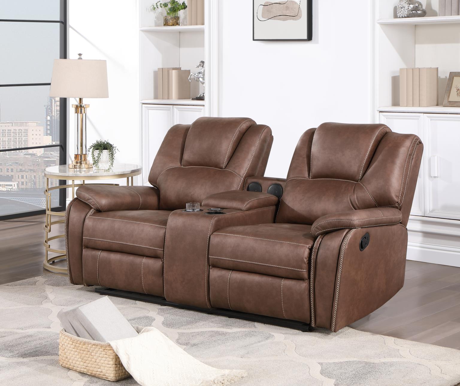 Brown Motion Loveseat w/Bluetooth & Wireless Charger – U120-L