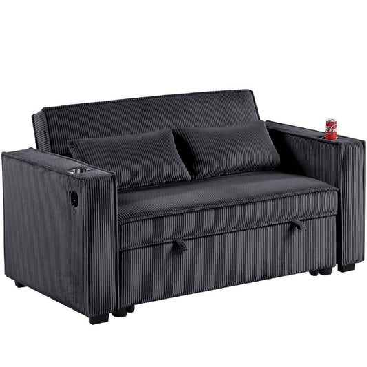 Modern Style Convertible Sofa With Pull-Out Bed, USB Ports & Cup Holders