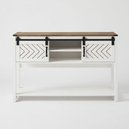 Entryway Table With Sliding Barn Door Storage - White / Oak