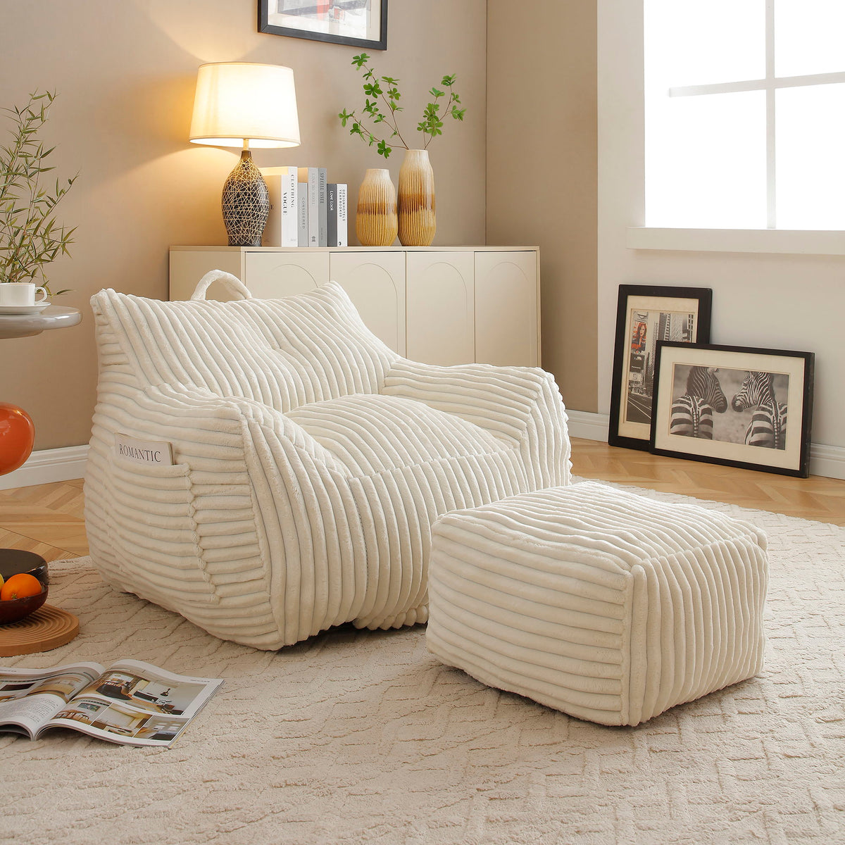 Giant Plush Bean Bag Chair For Adults With Armrests And Footstool - Beige