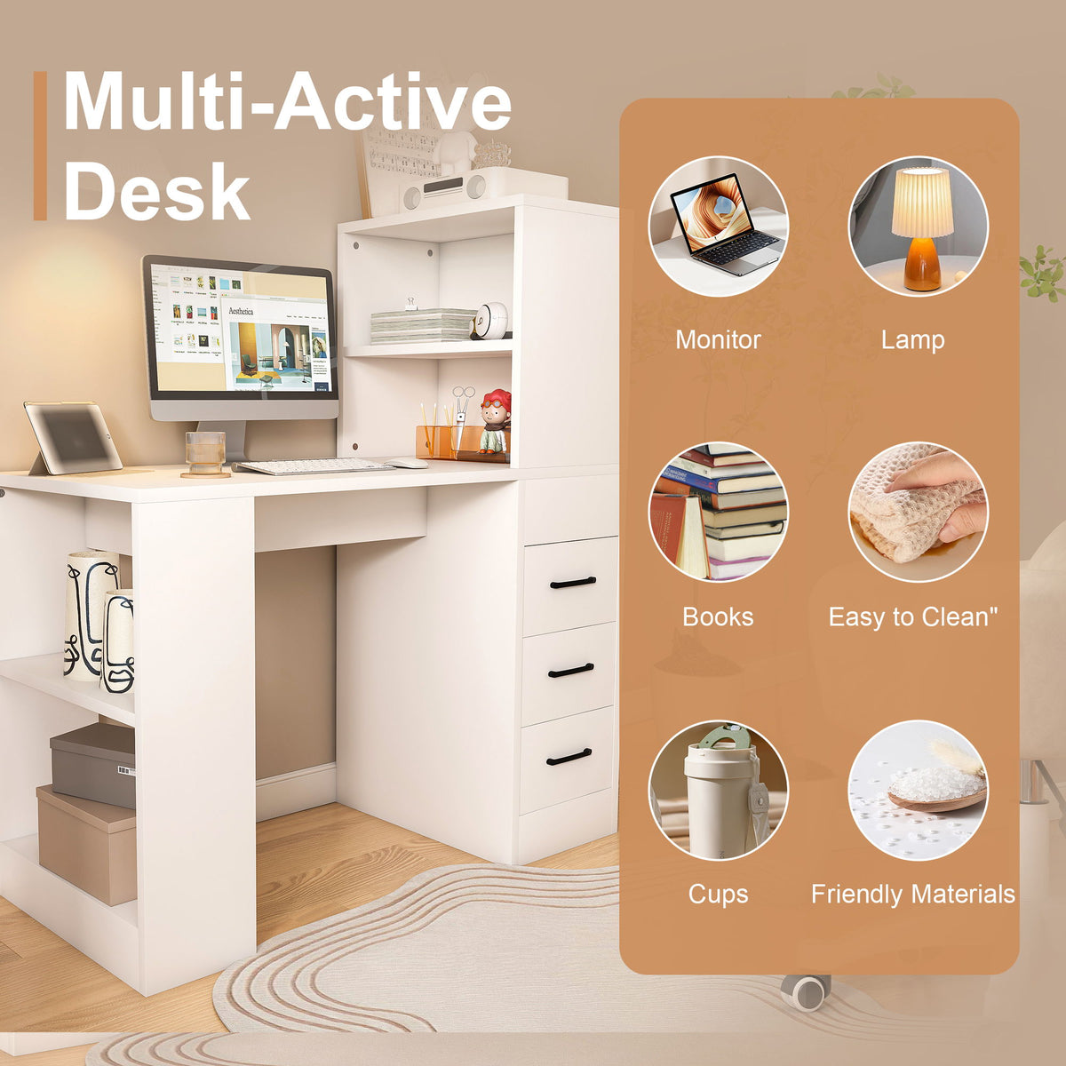 Computer Desk With 4 In 1 Socket & 3 Drawers, 4 Tier Shelves