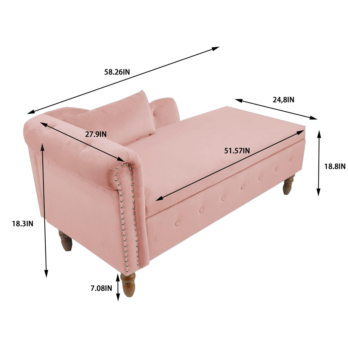 Chaise Lounge Indoor, Lounge Chair For Bedroom With Storage & Pillow, Modern Upholstered Rolled Arm Chase Lounge For Sleeping With Nailhead Trim For Living Room Bedroom Office