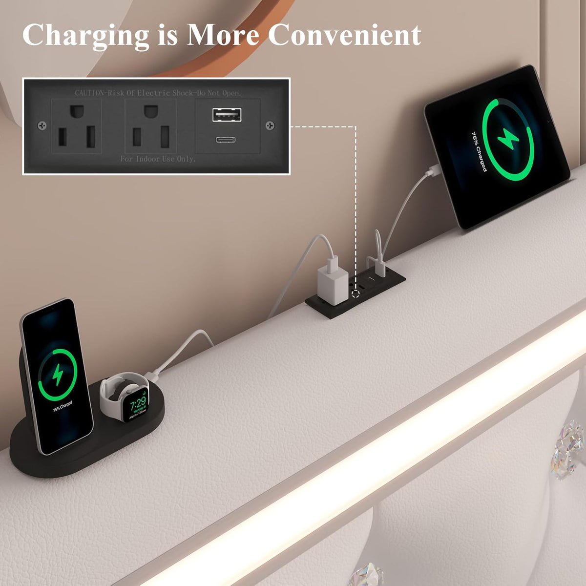 Wingback Upholstered Bed Frame With LED Lights, Charging Station