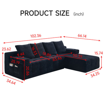 L - Shaped Sectional Sofa With Side Pockets, Wireless Charging, USB Ports, Cup Holder, Bluetooth Speaker, Reversible Lounge Chaise - Black