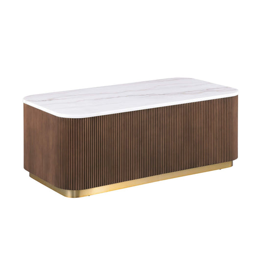 Rectangle Cocktail Table Genuine Accent Plinth Base Living Room - Brown / Gold / White