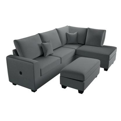 Modern Style Sectional Set With USB Port, Storage Ottoman