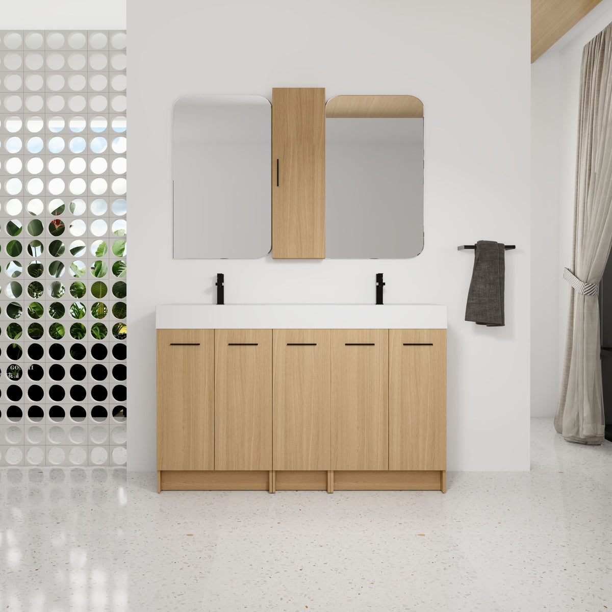 Double Sink Bathroom Vanity Set With Tall Linen Cabinet, Extra Large Storage, Integrated Sink, Freestanding Cabinet - Light Oak / White