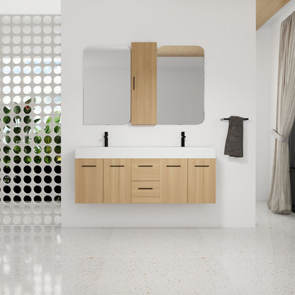 Floating Double Sink Bathroom Vanity Set With Tall Linen Cabinet, Drawers And Doors, Extra Large Storage, Integrated Sink, Soft Close Hardware - Glossy White / Light Oak
