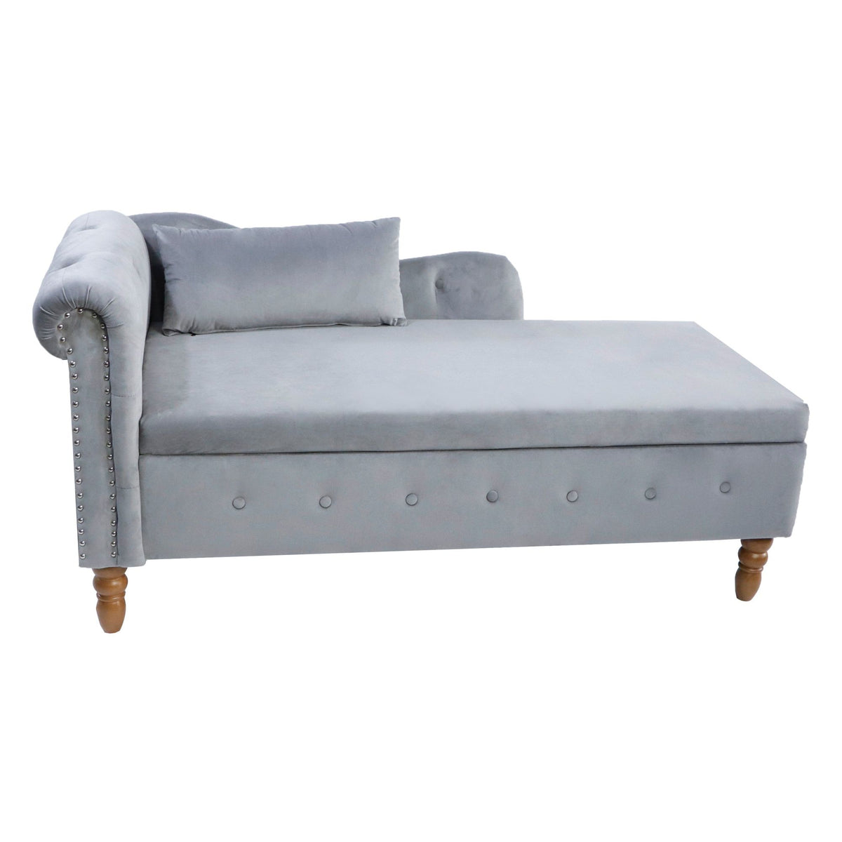 Chaise Lounge Indoor, Lounge Chair For Bedroom With Storage & Pillow, Modern Upholstered Rolled Arm Chase Lounge For Sleeping With Nailhead Trim For Living Room Bedroom Office