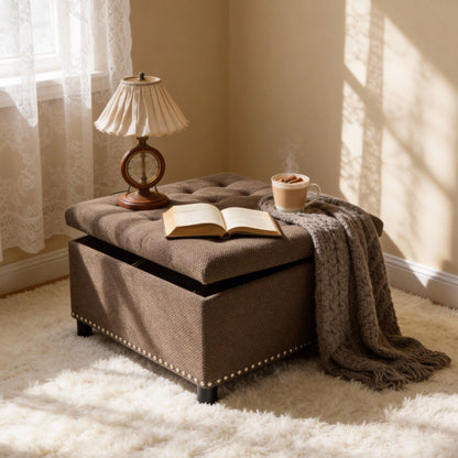 Square Tufted Storage Ottoman With Nailhead Trim
