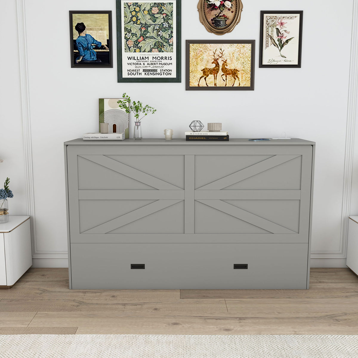 Full Murphy Bed With Storage Drawers, Charging Station, Foldable Panels, And Silent Swivel Wheels