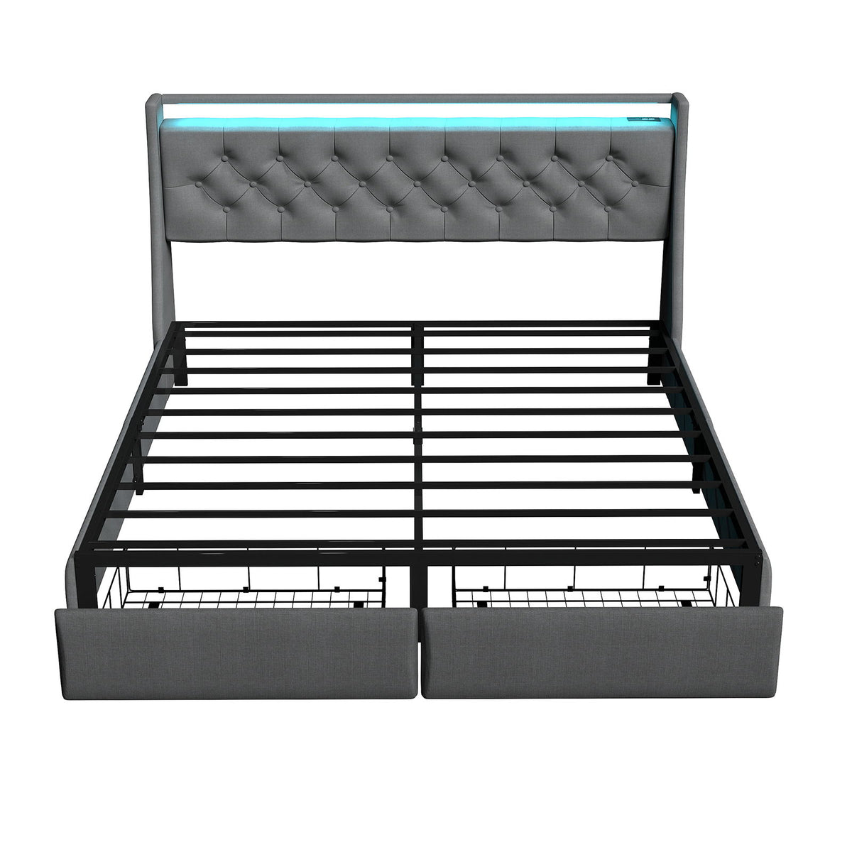 Floating Bed Frame With Rgb LED Light, 2 Storage Drawers & Headboard Shelf