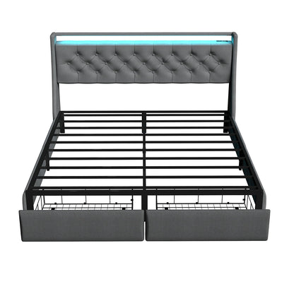 Floating Bed Frame With Rgb LED Light, 2 Storage Drawers & Headboard Shelf