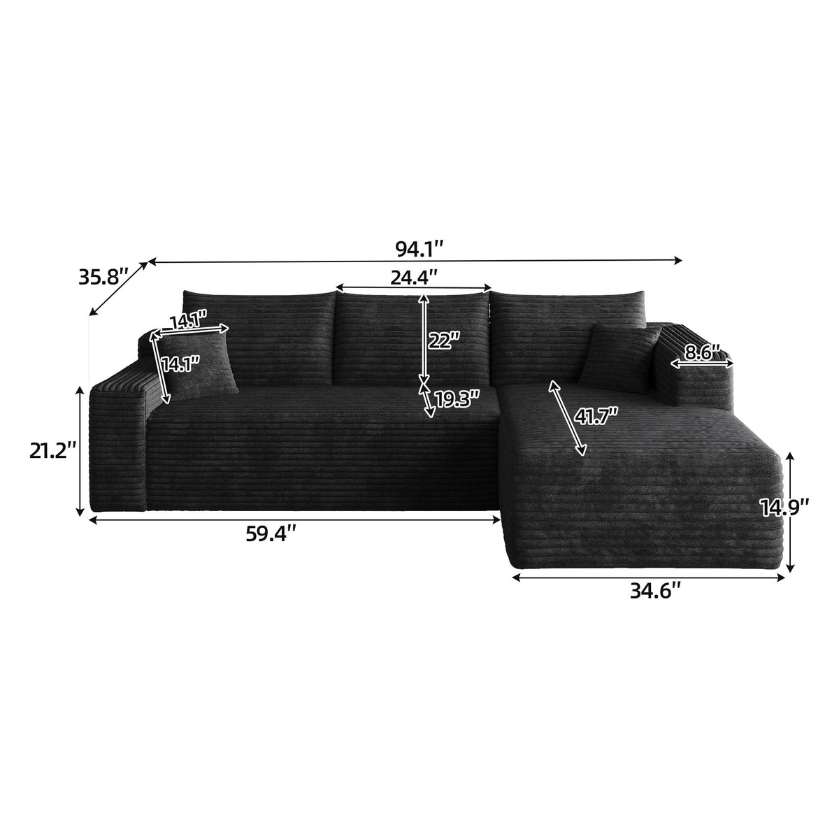 Cloud Sectional Sofa, Comfort U-Shaped Sofa For Living Room - Black