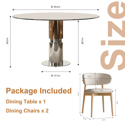 Round Dining Table & Tempered Glass Top - Brown