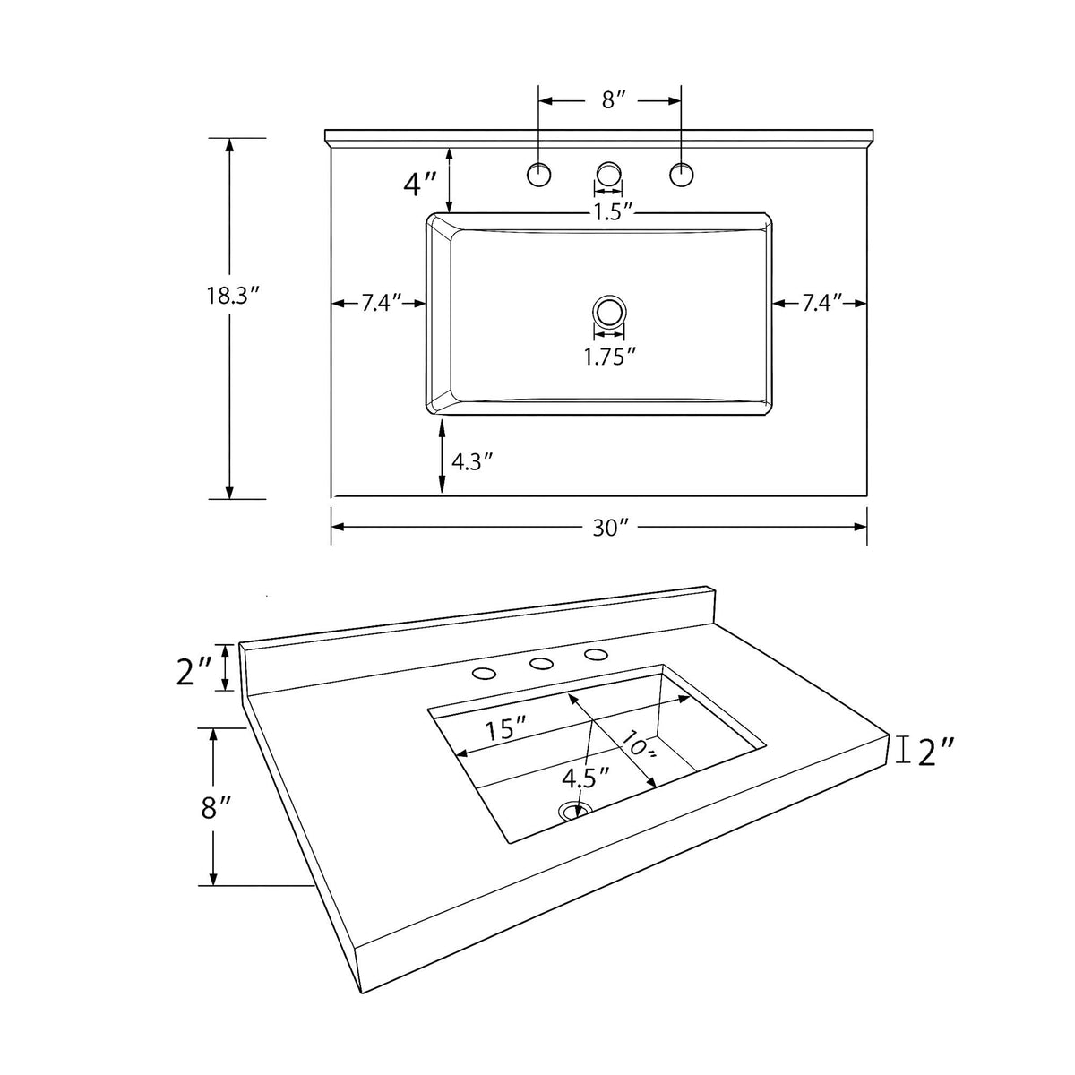 Basin Sink, 0.6" Ultra Thin Profile, Triple Faucet Holes, Sink Only