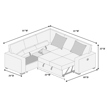 Convertible Sectional Upholstered Sleeper Sofa With Storage Chaise