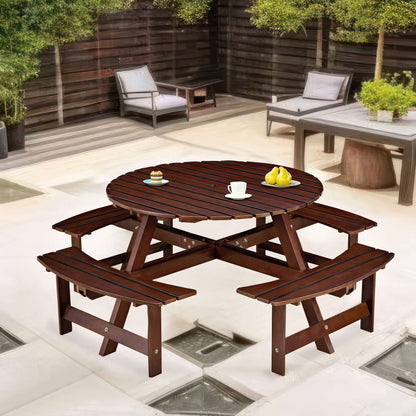 8 Person Round Picnic Table With 4 Built In Benches, Umbrella Hole For Garden - Brown
