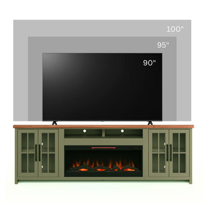 97" Fireplace TV Stand Console For TVs Up To 100" - Sage Green And Fruitwood Finish