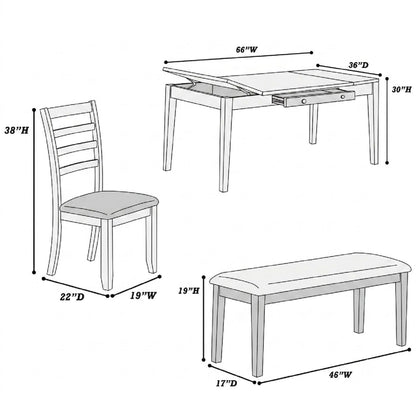 6 Piece Dining Set Table With Storage Ladder Back Chairs And Bench - Walnut