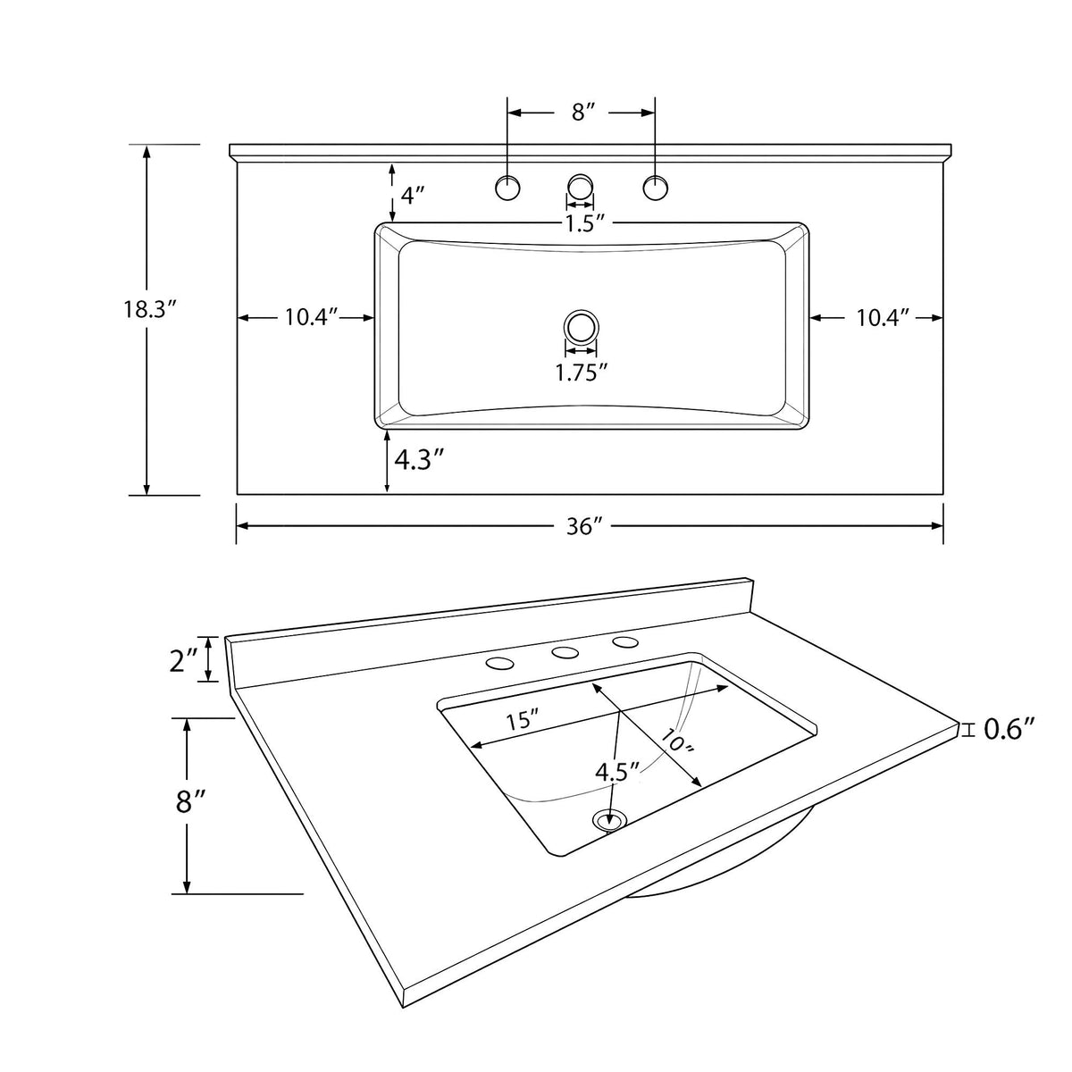 Basin Sink, 0.6" Ultra Thin Profile, Triple Faucet Holes, Sink Only