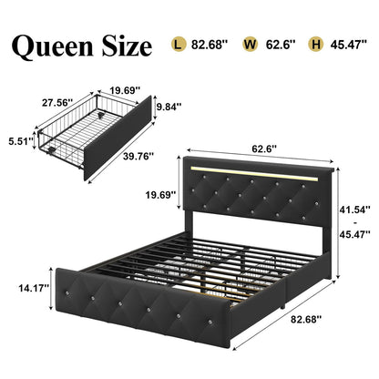 Upholstered Bed Frame With LED Lights, 4 Storage Drawers, Charging Station