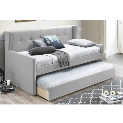 Daybed With Slat Trundle, Button Tufted - Light Gray