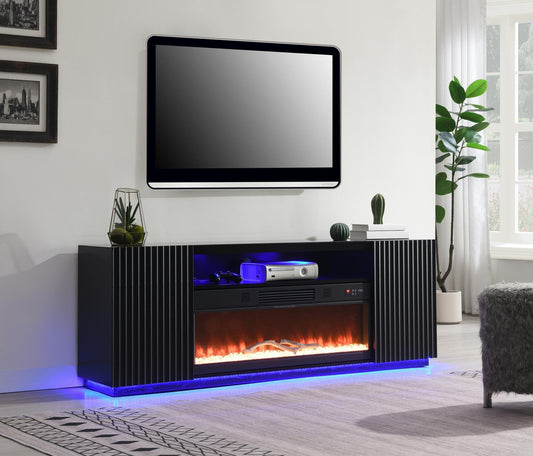 W038-TV - Fire Place TV Stand With Bluetooth Speaker, Heater, 7 Colors Colors, RGB Downlight, RGB LED Lights - Black