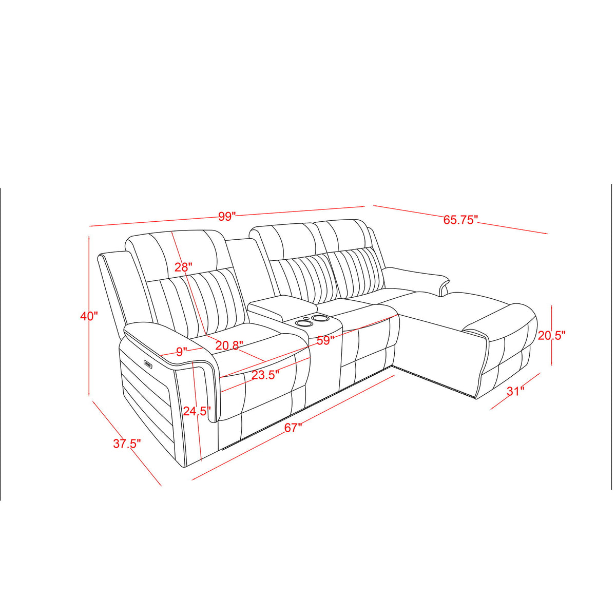Ian - Power Reclining Chaise With LED Lighting, Pushback Design - Gray