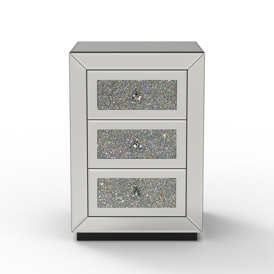 3 Drawer Nightstand With Glass Accents, Bedside Table For Bedroom - Silver