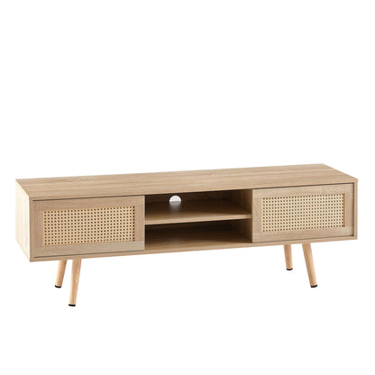 55.12" Rattan TV Cabinet, Double Sliding Doors For Storage, Adjustable Shelf, Solid Wood Legs, TV Console For Living Room