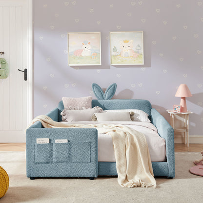 Cute Rabbit Ear Upholstered Platform Bed Frame With Safety Rail