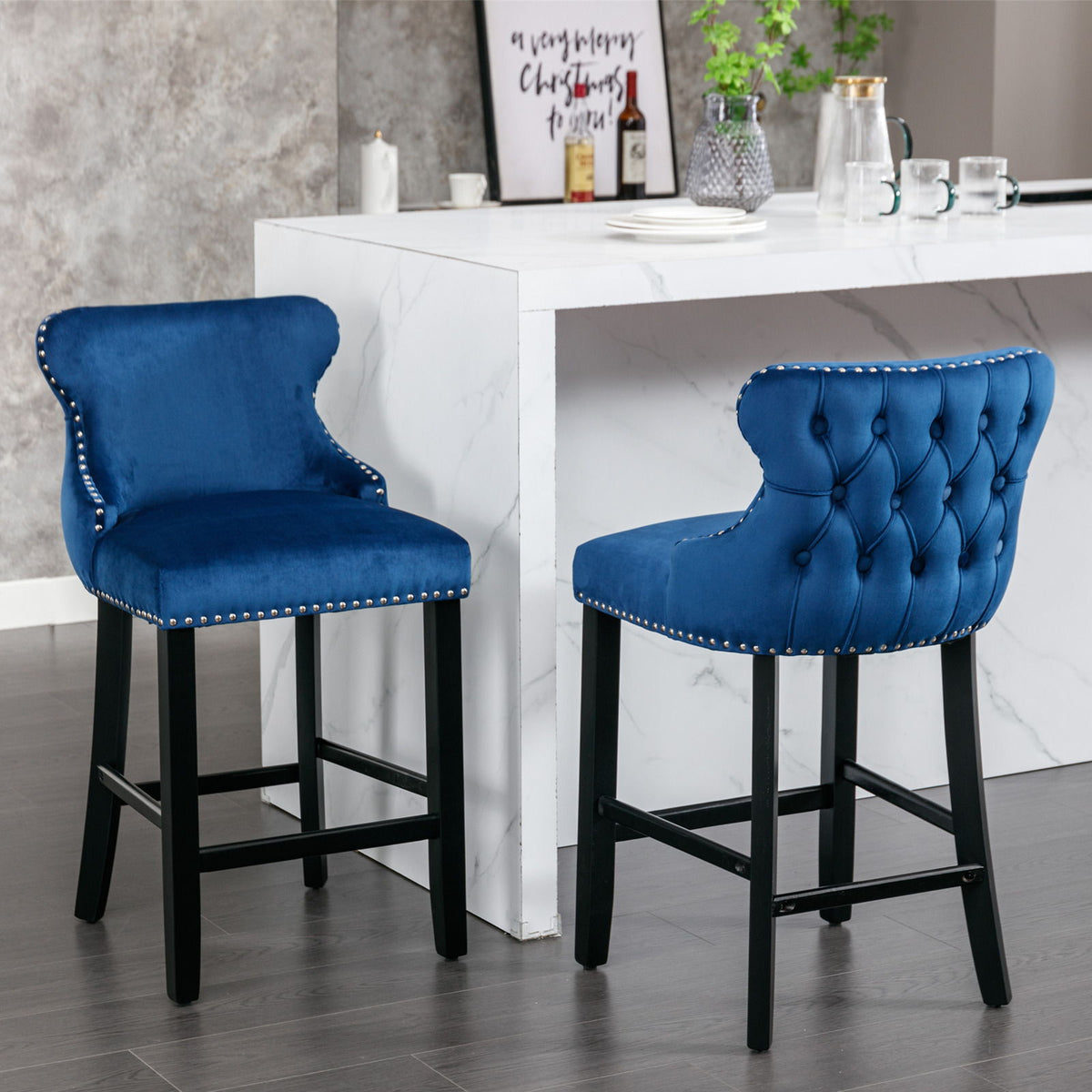 Contemporary Upholstered Wing-Back Barstools With Button Tufted Decoration And Wooden Legs, And Nailhead Trim, Leisure Style Bar Chairs, Bar Stools (Set of 2)
