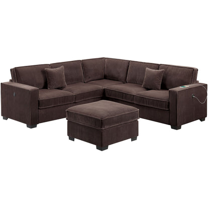 4 Piece Sectional Set With USB Ports, Left Arm Facing / Right Arm Facing Loveseat, Corner Wedge, Cocktail Ottoman, 2 Pillows - Chocolate