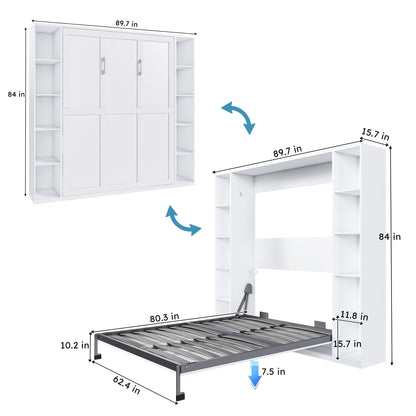 Queen Murphy Bed With Storage Cabinet, Foldable Wall Bed For Bedrooms - White